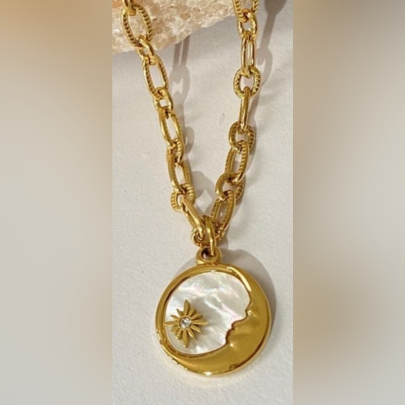 “Mother of Pearl Moon & Star” White Iridescent Shell Crescent Starburst Necklace - Picture 8 of 16